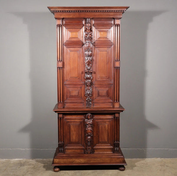 French Antique Solid Walnut Wood Neoclassical Gun Case/Cabinet with Carvings