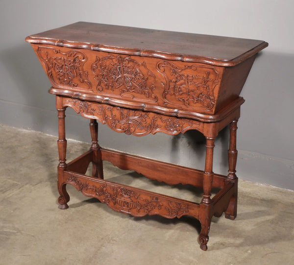 Antique French Petrin (Dough Box) in Highly Carved Solid Walnut and Pine Wood