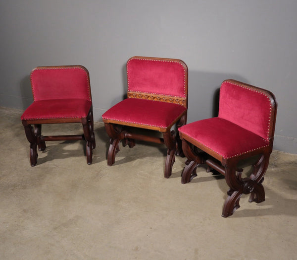 Antique Gothic Priest's Pulpit/Sanctuary Chair Set In Solid Oak and Red Velvet
