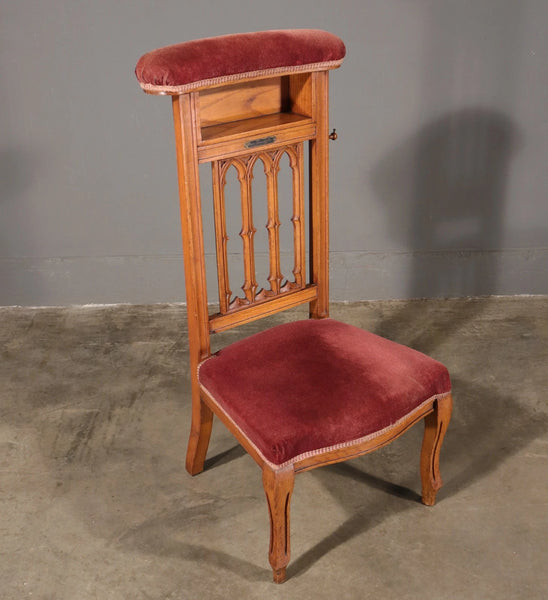 Antique French Gothic Revival Solid Oak Upholstered Prayer Chair (Prie Dieu)
