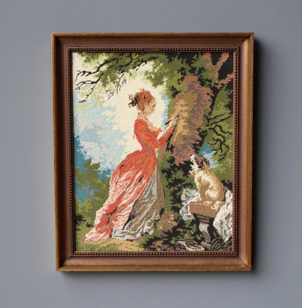 Vintage French Framed Needle Point of Fragonard's "Le Chiffre D'amour"