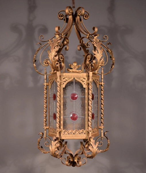 36" Tall XL French Antique Iron and Stained Glass Hanging Chandelier/Lamp