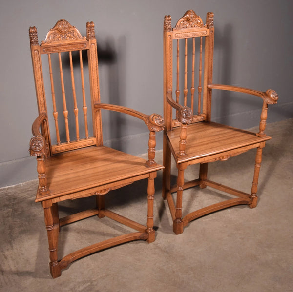 Pair of Antique Renaissance Revival Arm Chairs Solid Walnut Hand Carved Jesters