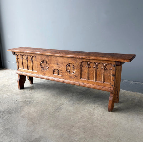 Antique French Gothic Revival Solid Oak Wood Storage Bench/Settee/Chair Rustic