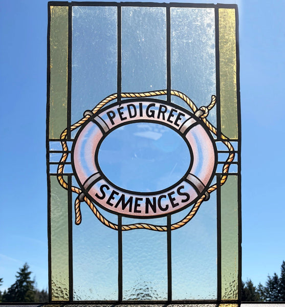 25" Tall Vintage Belgian/Flanders Stained/Leaded Glass Panel "Pedigree Semences"