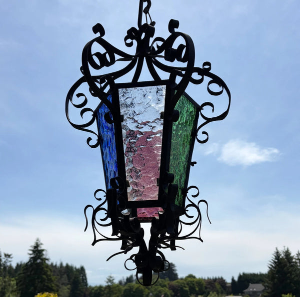 25" Tall French Antique Iron and Stained Glass Hanging Chandelier/Pendant Lamp