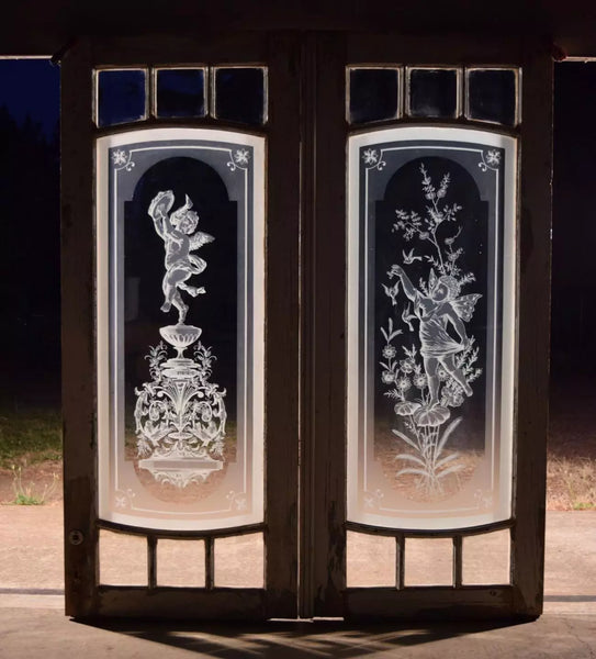 Pair of Antique French Etched Glass Windows Frosted Glass with Cherubs