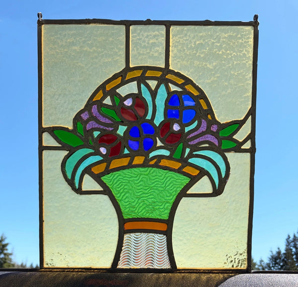 15" Tall Antique French Art Deco Stained/Leaded Glass Panel of Flowers