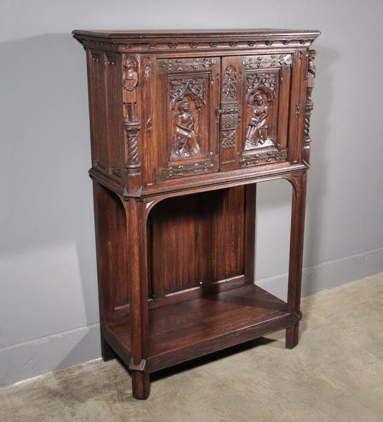 Antique French Gothic Revival Cabinet Highly Carved in Oak Wood w/Figures