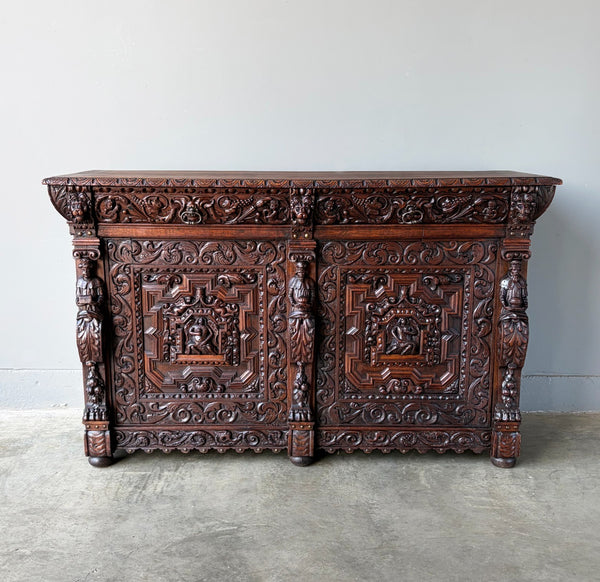 1700's Antique French Renaissance Sideboard in Solid Wood Oak Highly Carved