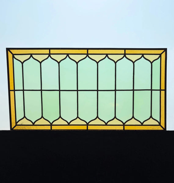 39" Wide Antique French Stained Glass Window Panel with Green & Yellow Glass