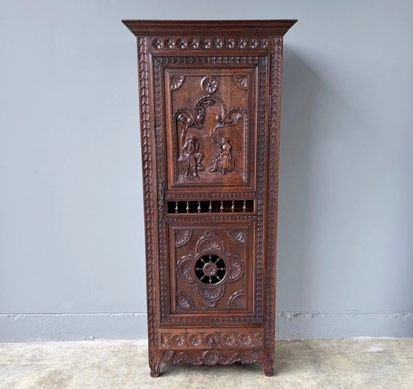 71" Tall French Antique Breton Cabinet in Solid Chestnut Wood w/Carved Figures