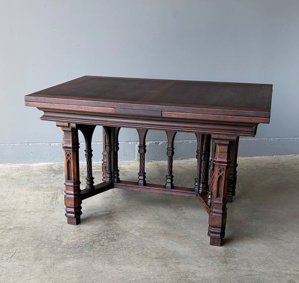 Vintage French Gothic Dining Table in Solid Oak Wood with Highly Detailed Base