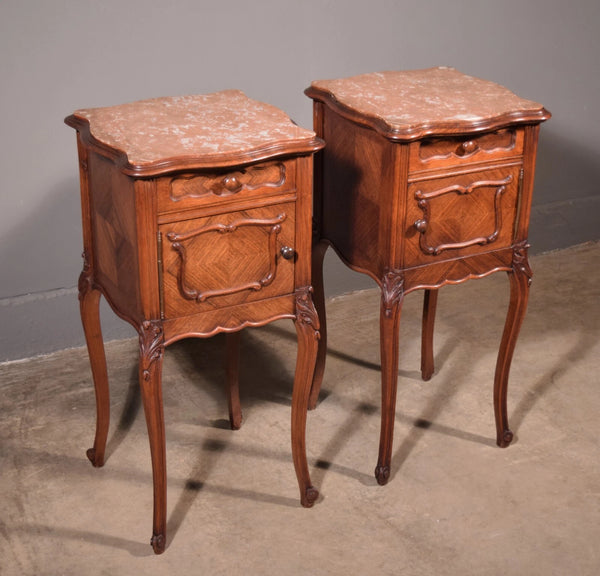 Pair of Antique French Louis XV Nightstands in Walnut with Marble Tops