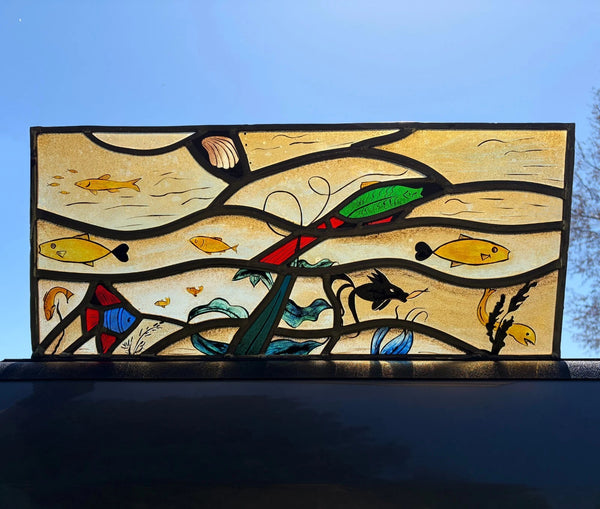 Vintage Dutch Stained/Leaded Glass Panel by Lea Steppe Sea Life Themed