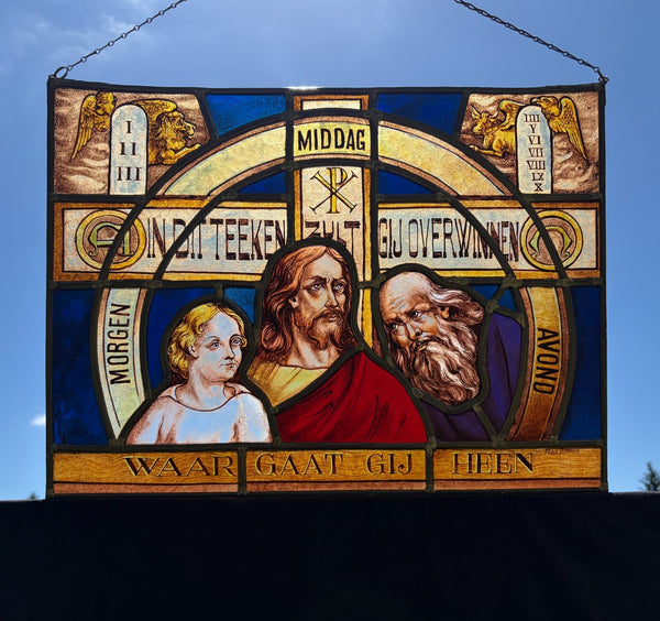 22" Wide Vintage Dutch Religious Stained/Leaded Glass Panel by Felix Bonner