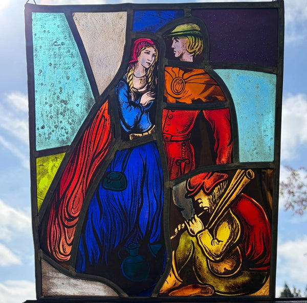 15" Tall Vintage Belgian/Flanders Stained/Leaded Glass Panel of Thyl and Nele