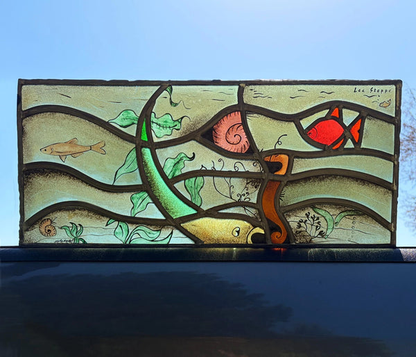 Vintage Dutch Stained/Leaded Glass Panel by Lea Steppe Sea Life Themed