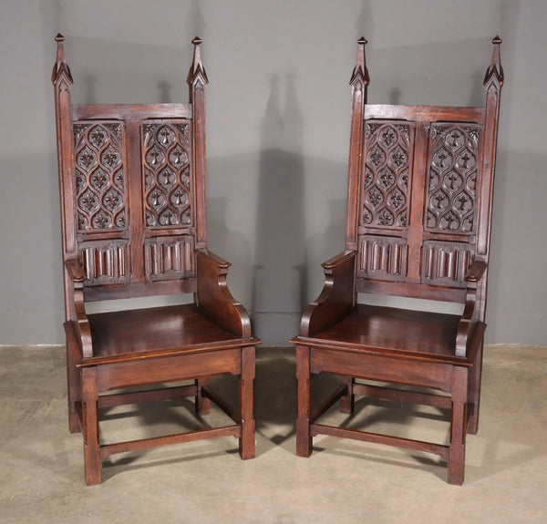 Large Pair of Antique Gothic Arm/Throne Chairs Solid Chestnut Hand Carved Wood