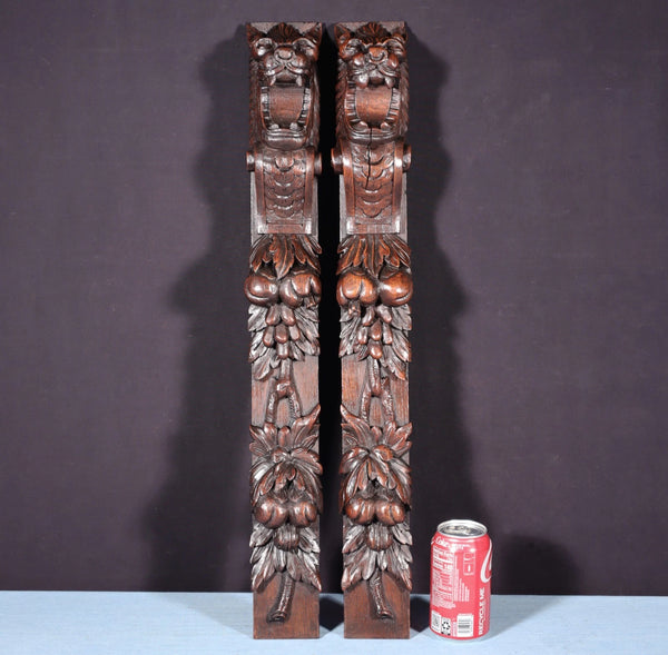 26" Pair of French Antique Solid Oak Wood Highly Carved Wood Lion Trim Posts