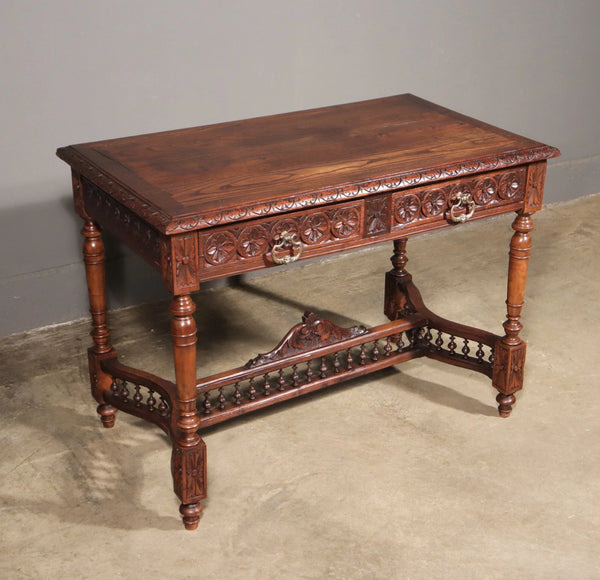 Antique French Breton Desk/Library Table in Solid Chestnut Wood with Carvings