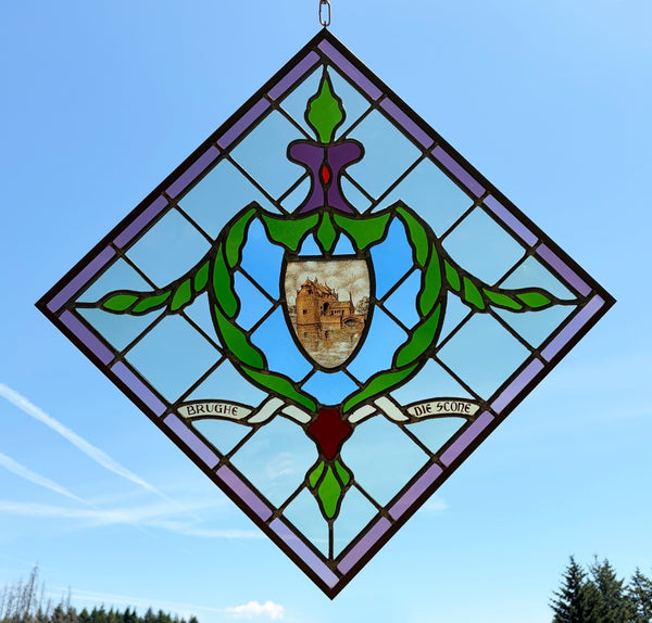 31" Tall Vintage Belgian/Flanders Stained/Leaded Glass Panel of Bruges Belgium