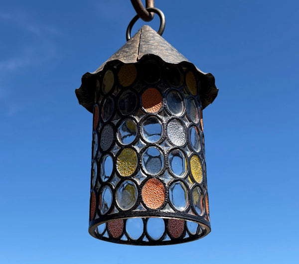 9" Tall Vintage French Iron and Stained Glass Hanging Chandelier/Pendant Lamp