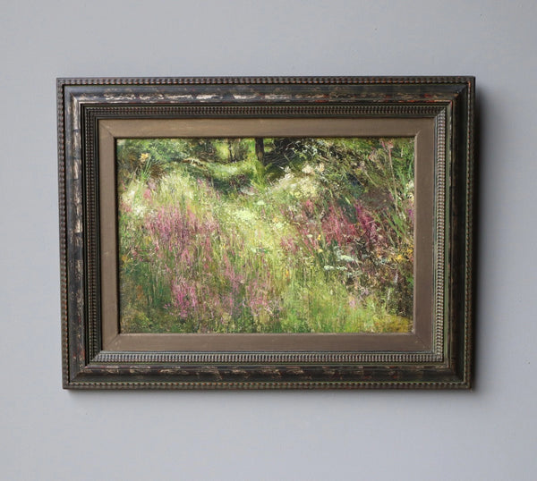 Antique European Impressionist Oil on Linen Painting of Wild Lavender