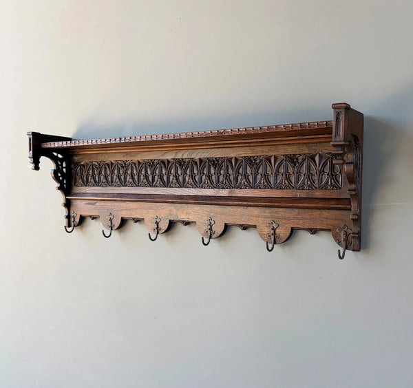 52" Antique Gothic French Solid Oak Coat Rack Hall Tree Wood Shelf w/Iron Hooks