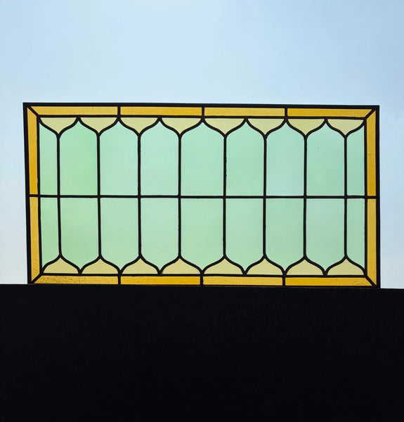 40" Wide Antique French Stained Glass Window Panel with Green & Yellow Glass