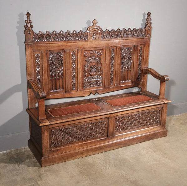 Antique French Gothic Revival Walnut Wood Bench/Settee/Chair Highly Carved