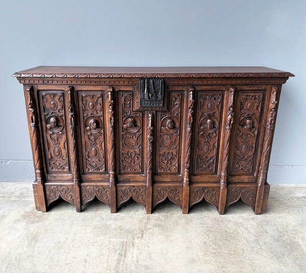 Antique French Renaissance Chest/Trunk/Sideboard Solid Oak w/Detailed Carvings