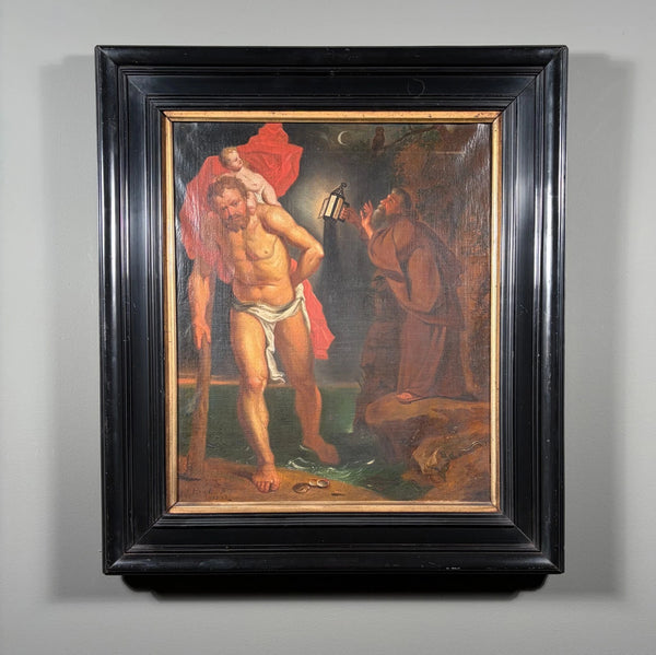 Antique Oil Painting St Christopher After Peter Paul Ruben's Triptych by Hauph