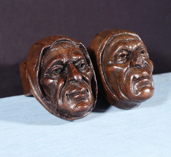 Pair of 4" Tall French Antique Highly Carved Heads in Solid Oak Wood Trim Pieces