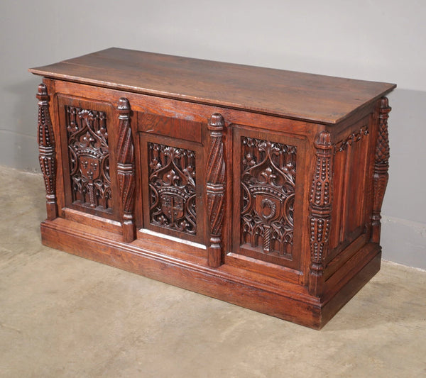 Antique French Gothic Chest/Trunk in Solid Oak Wood With Detailed Carvings