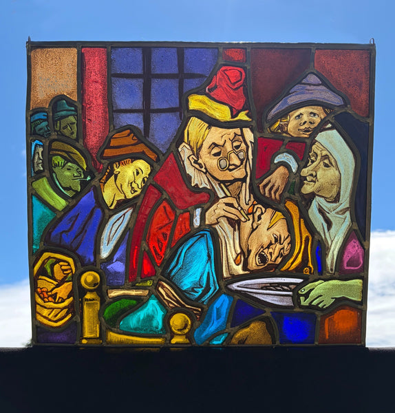 15" Tall Vintage Belgian Stained/Leaded Glass Panel Of a Doctor Operating
