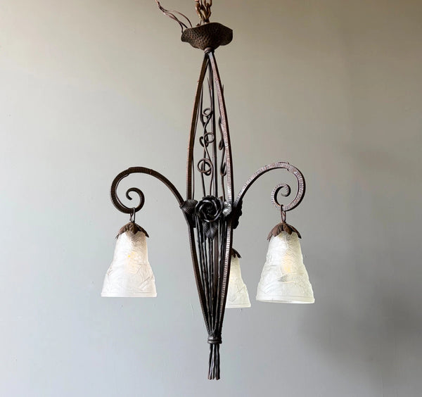 33" Tall Antique French Iron Art Deco Chandelier with Frosted Glass and Roses