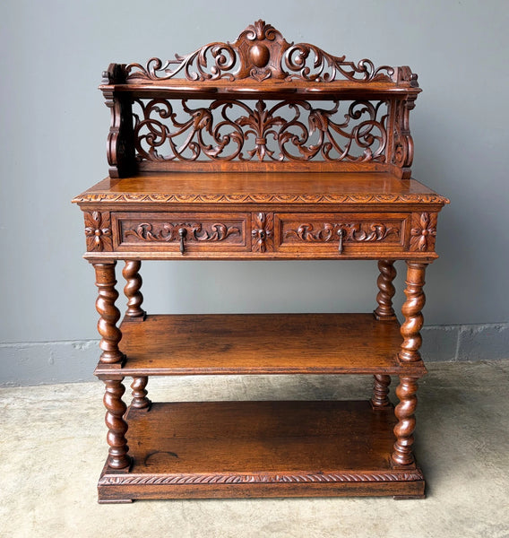 Antique French Renaissance Sideboard/Buffet in Solid Oak Highly Carved Wood