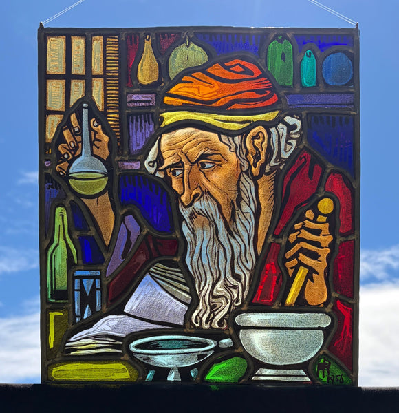 13" Tall Vintage Belgian Stained/Leaded Glass Panel Of an Alchemist by AR 1956