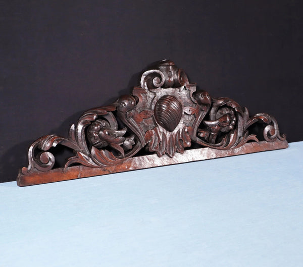32" Wide Antique French Solid Oak Wood Highly Carved Detailed Crest