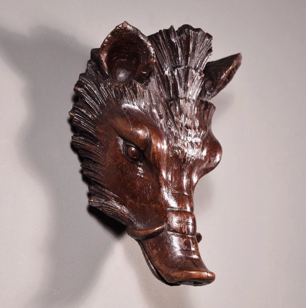 Large 10" Antique Decorative Carved French Hunting Boar's Head in Solid Walnut