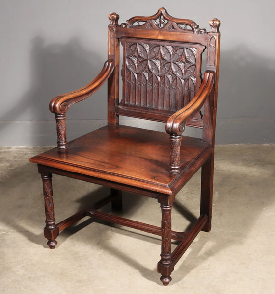Share French Antique Gothic Revival Chestnut Arm Chair Carved Wood Desk Chair
