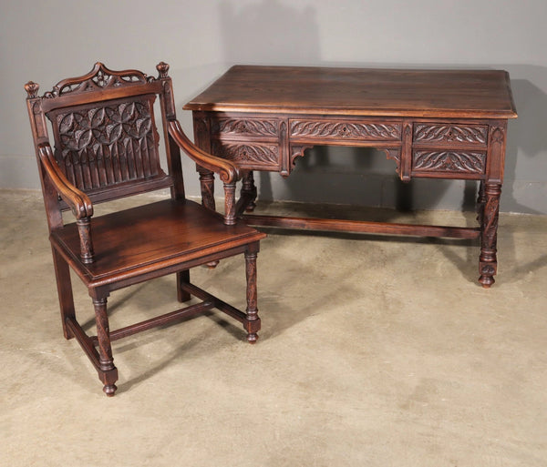 French Antique Gothic Revival Desk with Chair in Solid Carved Chestnut Wood