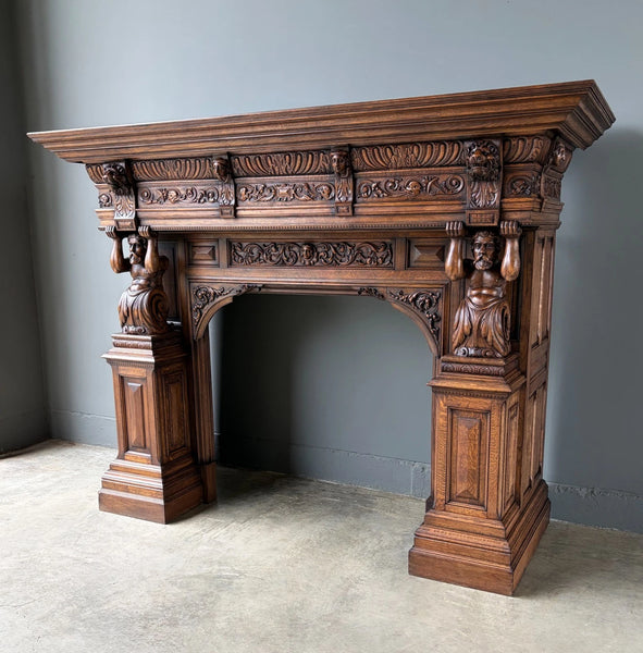 XL Vintage Renaissance Revival Oak Fireplace Surround/Mantel w/Carved Figures