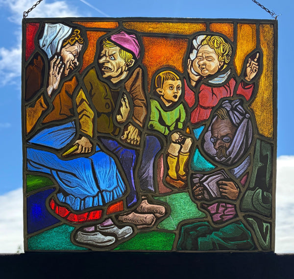 15" Tall Vintage French Stained/Leaded Glass Panel of a Doctor's Office