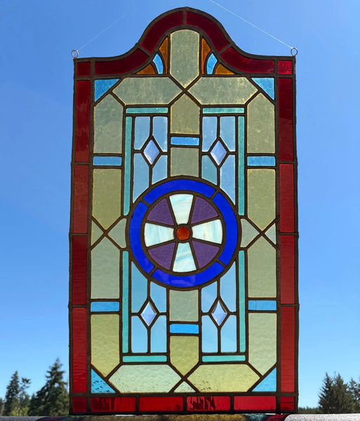 27" Tall French Antique Religious Stained/Leaded Glass Panel from a Church