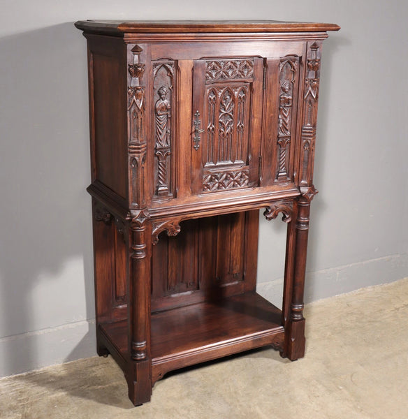 Antique French Gothic Revival Cabinet/Bar Cabinet in Highly Carved Chestnut Wood