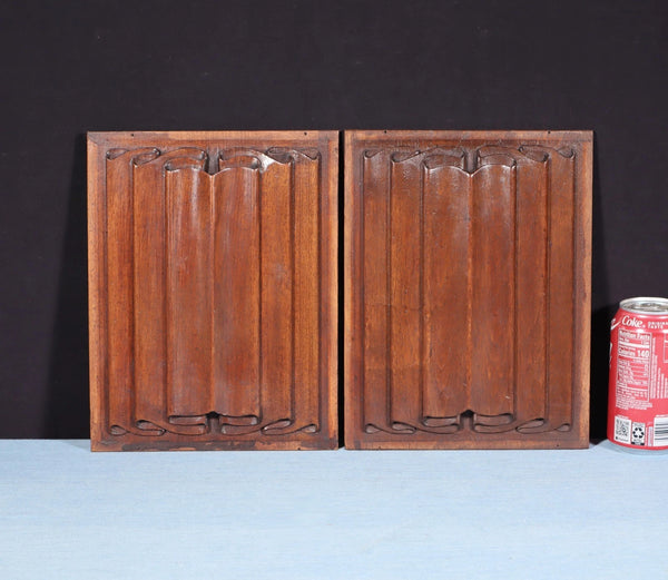 Antique Pair of French Gothic Revival Panels in Walnut w/Linen Fold Carvings