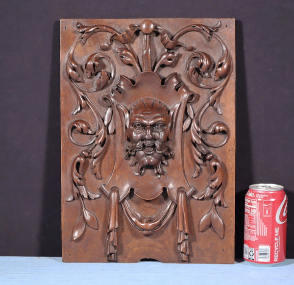 15" Tall Antique French Solid Walnut Wood Panel with Highly Carved Devil/Face