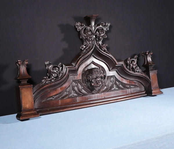 45" Antique French Gothic Revival Crest/Pediment in Solid Walnut Wood with Face